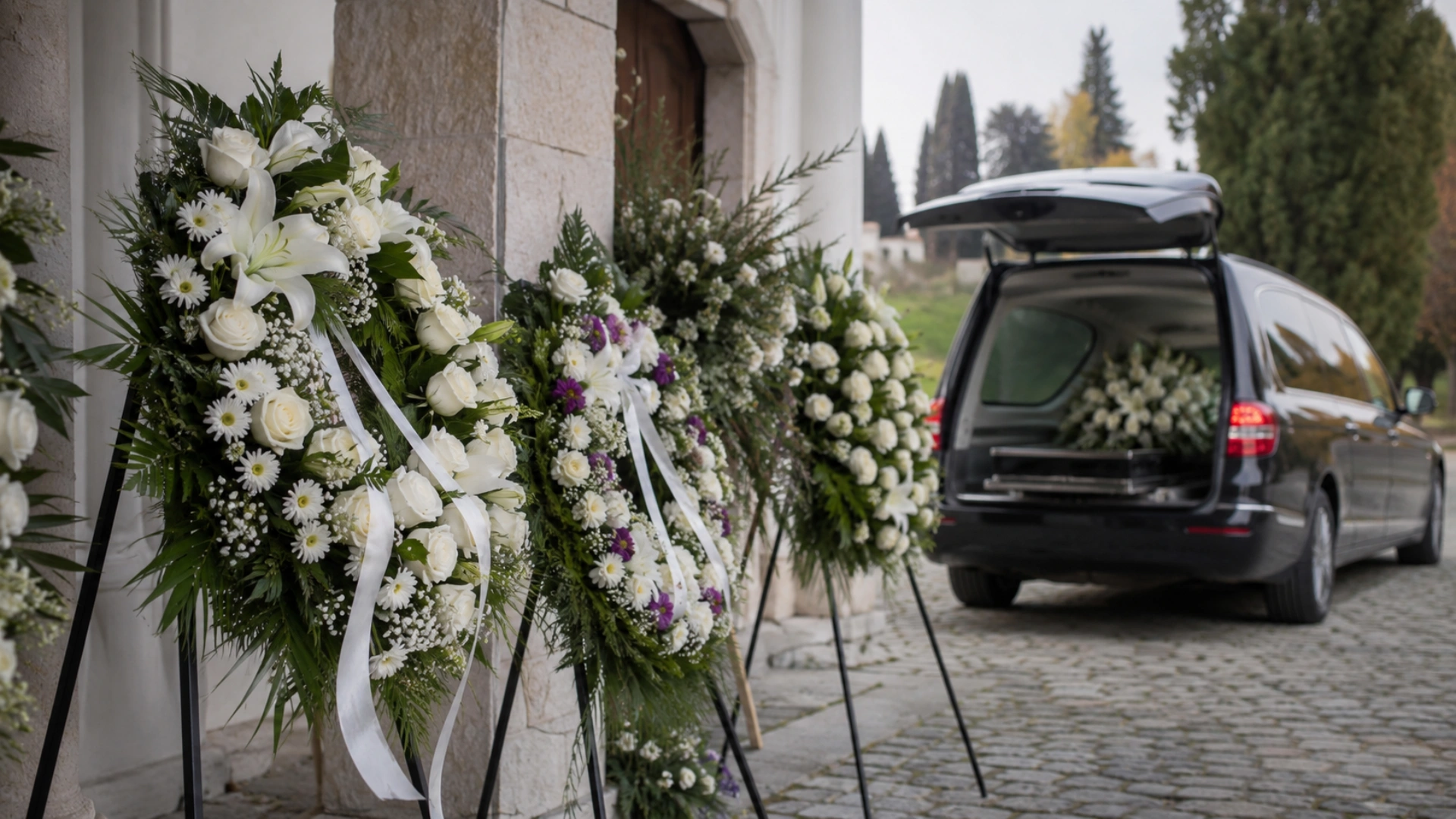 Coroane funerare și mașină funerară pregătită pentru ceremonie