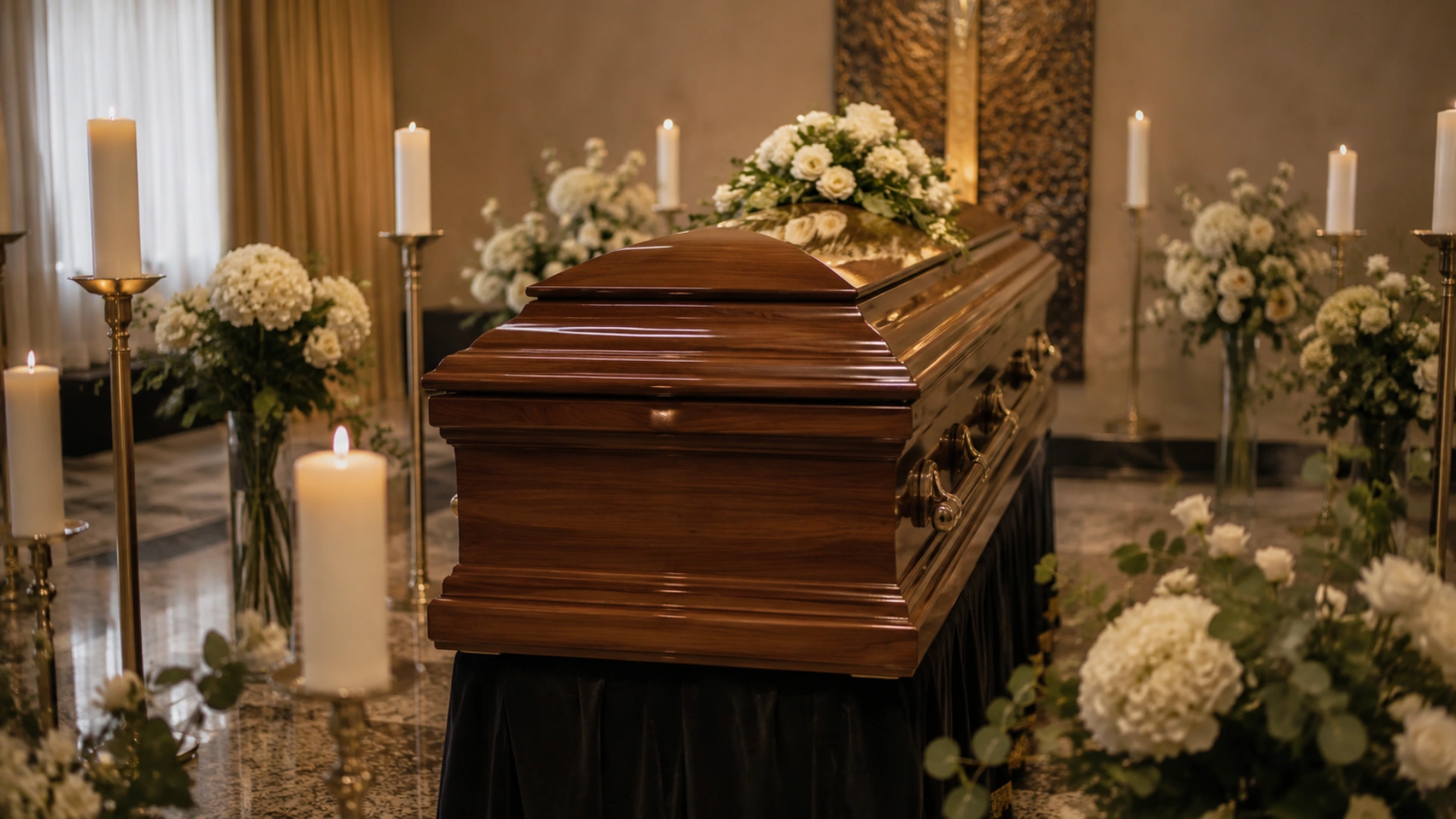 Capelă funerară cu sicriu și aranjamente florale